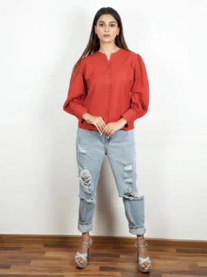 Rust Cotton Mandarin Neck Short Top