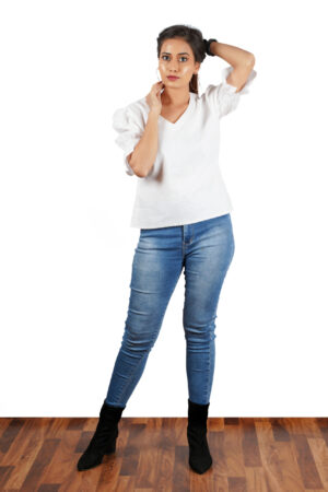 White Cotton V-Neck Short Top