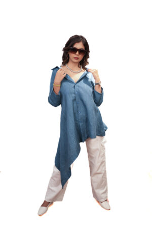 Sapphire Blue Linen Cotton Shirt Style Top