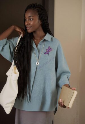 Dusty Powder Blue Floral Appliqué Linen Shirt
