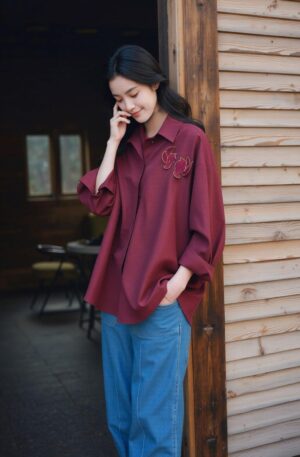 Deep Wine Bird Embroidered Linen Shirt