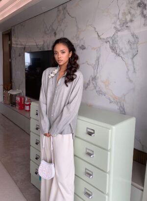 Soft Light Grey Floral Embroidered Linen Shirt