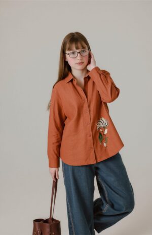Warm Rust Orange Floral Embroidered Linen Shirt