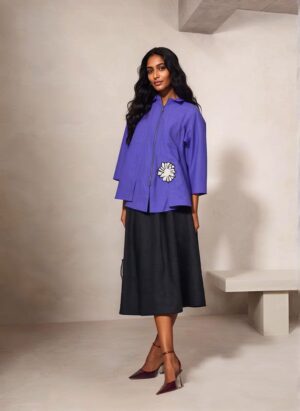 Light Blue Violet Floral Appliqué Linen Shirt