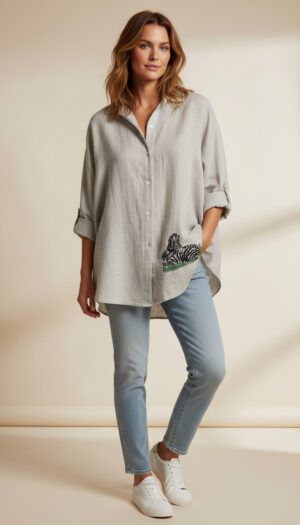 Light Grey Zebra Embroidered Linen Shirt