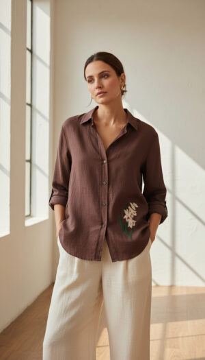 Rich Cocoa Brown Floral Embroidered Linen Shirt