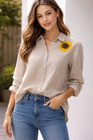 Soft Beige Sunflower Embroidered Linen Shirt