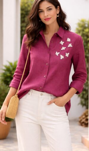 Berry Pink Bird Embroidered Linen Shirt